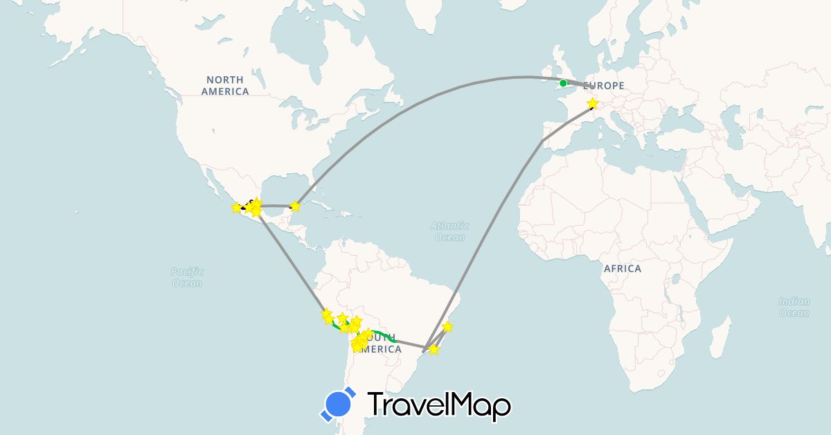 TravelMap itinerary: driving, bus, plane, boat in Bolivia, Brazil, Switzerland, Germany, France, United Kingdom, Mexico, Peru, Portugal (Europe, North America, South America)